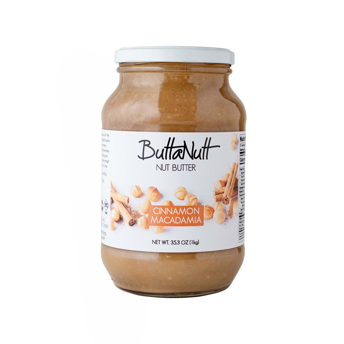 Jar of ButtaNutt Cinnamon Macadamia Nut Butter on a white background