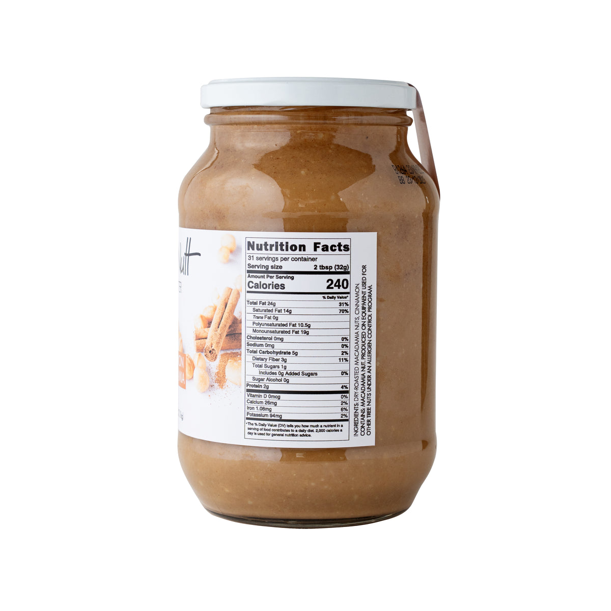 Jar of ButtaNutt Cinnamon Macadamia nut butter with a nutrition facts label on a white background
