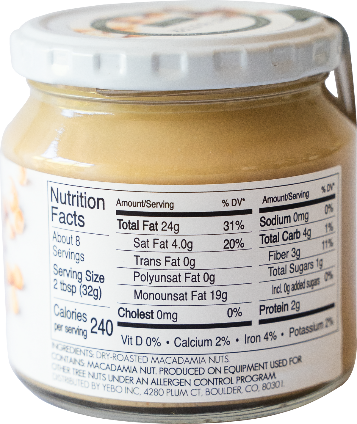 Nutritional facts label of a 100% Macadamia Nut Butter Jar