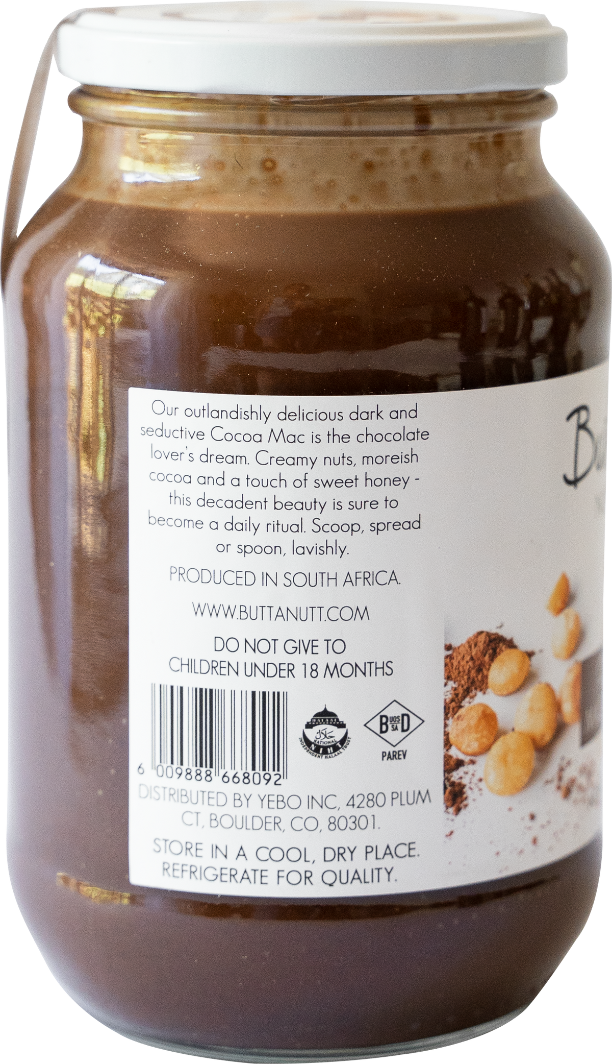 Label on the back of the Cocoa Macadamia nut butter jar