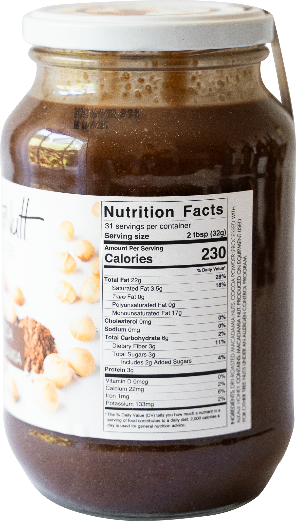 Label of the ButtaNutt Cocoa Macadamia nut butter nutritional facts