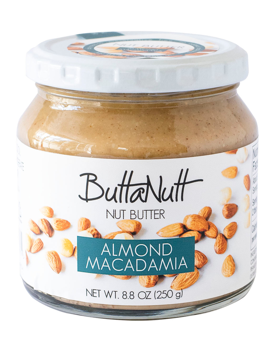 A jar of Almond Macadamia Nut Butter against a white background