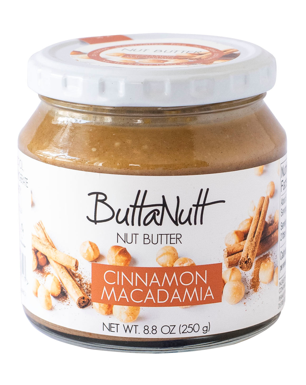 Cinnamon Macadamia Nut Butter Jar against a white background