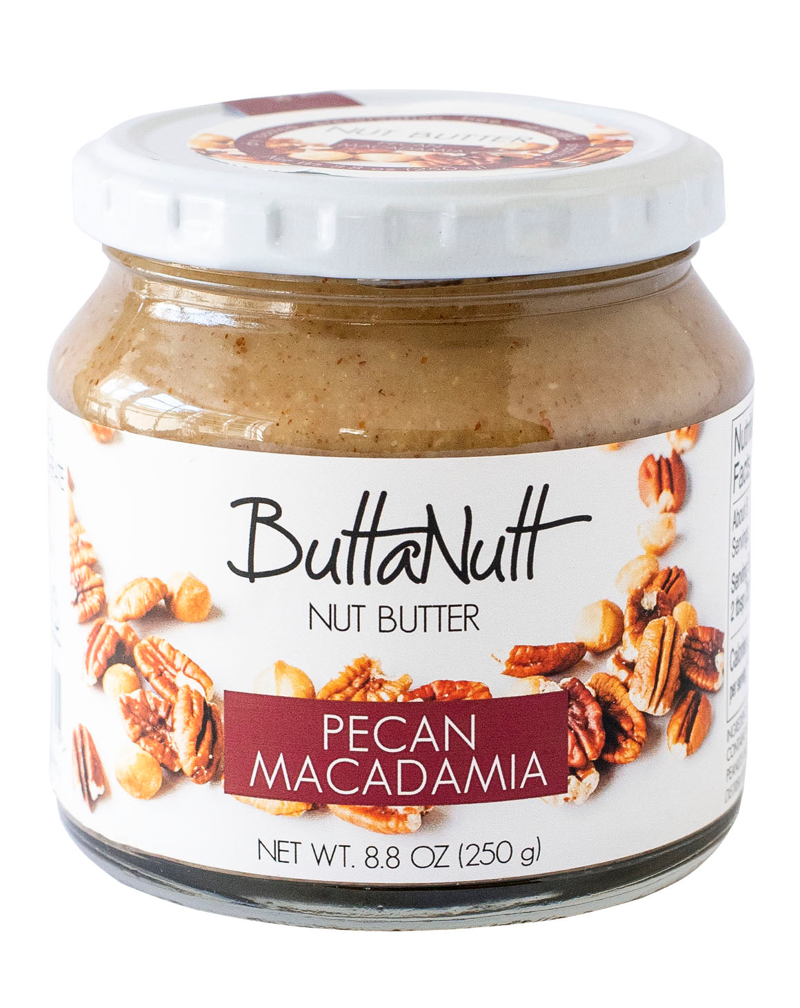 A jar of ButtaNutt Pecan Macadamia Nut Butter on a white background