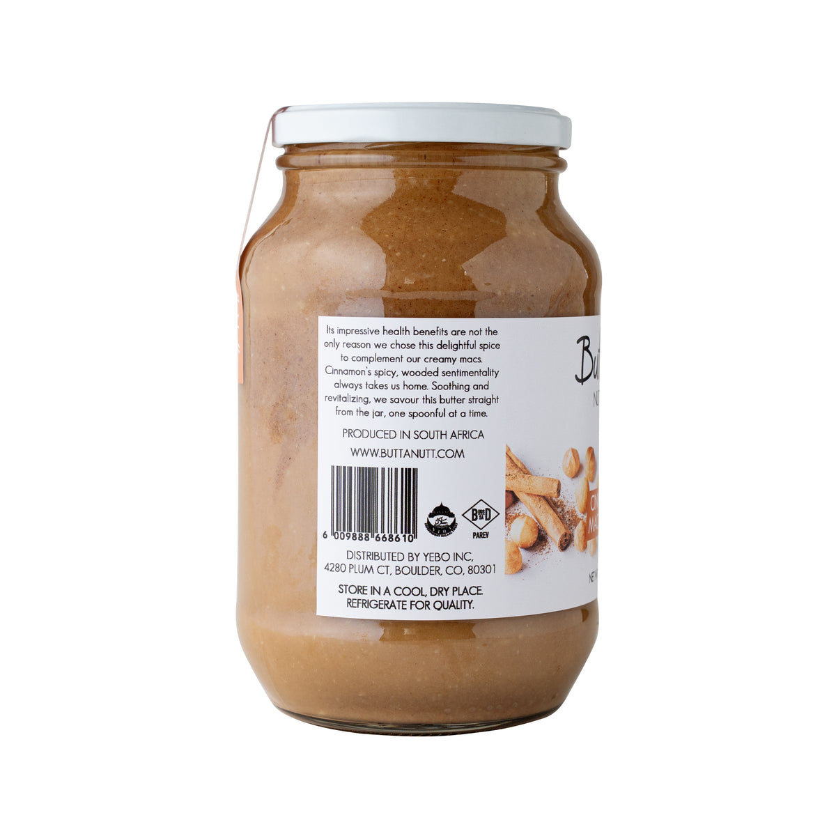 Jar of ButtaNutt Cinnamon Macadamia nut butter with a label on a white background