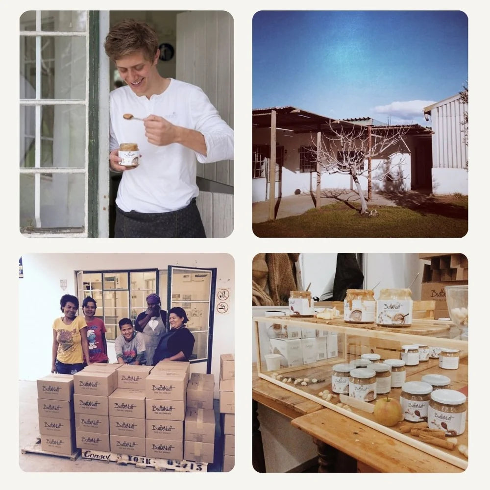 Early ButtaNutt days: a man tasting nut butter from a jar, a market stall, a team with boxes of jars and jars on a shelf