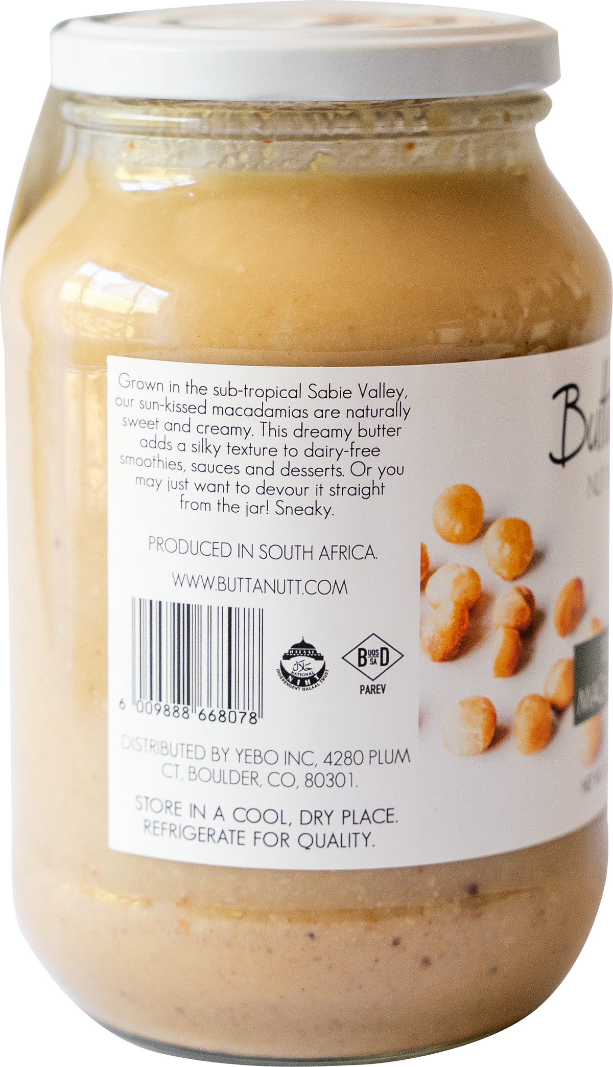 The back of a 100% Macadamia Nut Butter jar with the story of the product.
