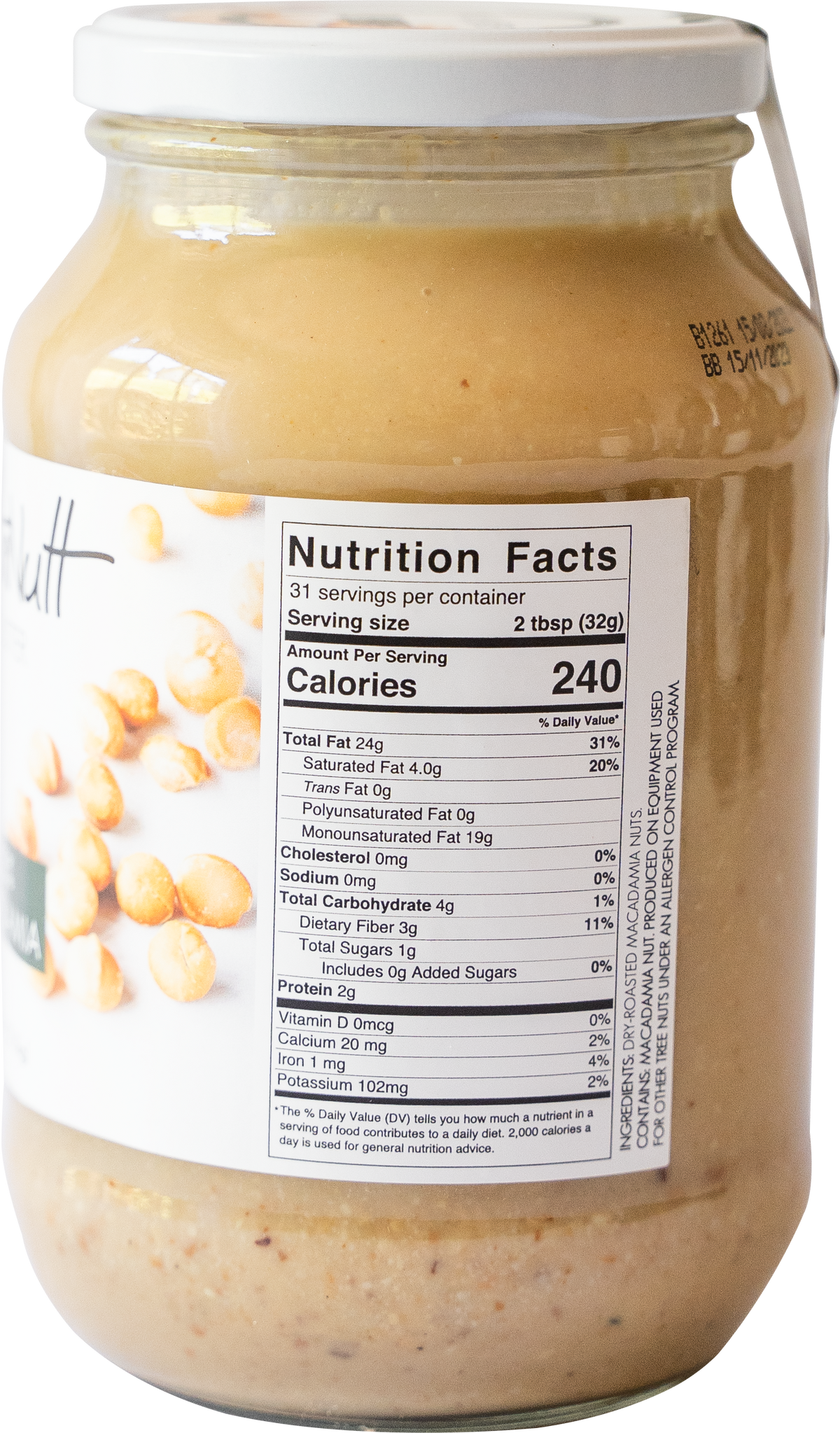 Nutritional information label of the 100% Macadamia Nut Butter, against a dark background